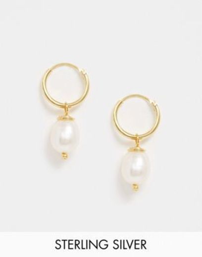gold plate hoop earrings with pearl charm 