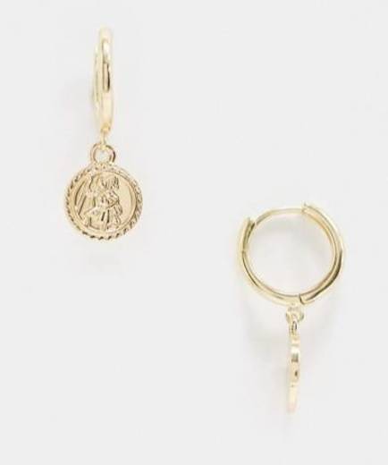  hoop earrings with coin charm in gold tone