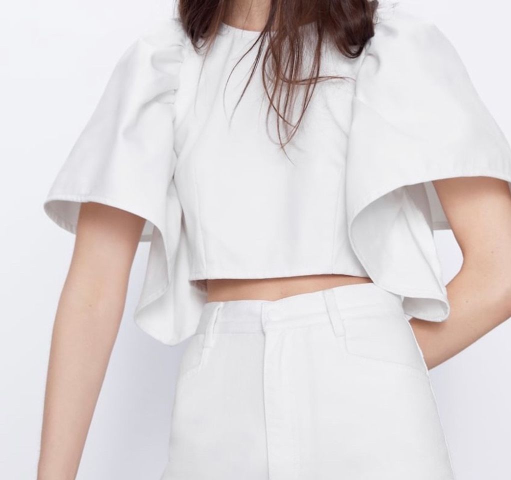 Moda Crop top com Oversized mangas em Branco 