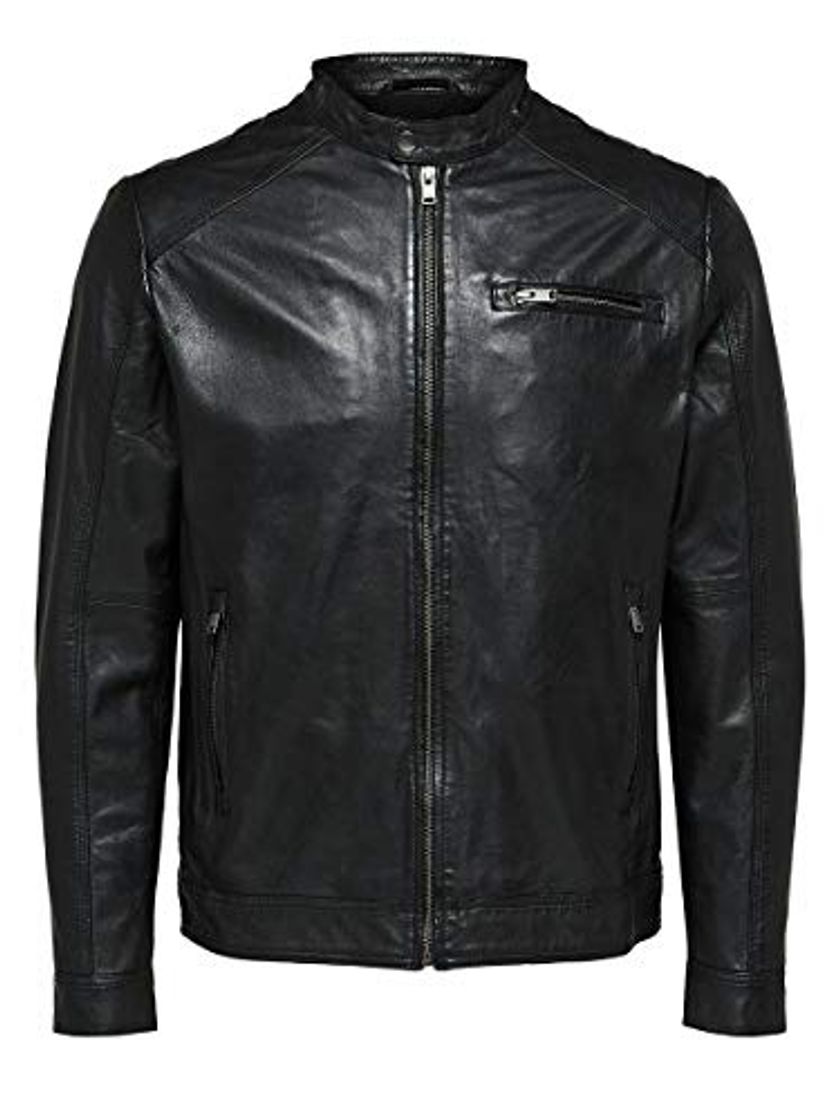 Fashion SELECTED HOMME Slh C-01 Classic Leather Jacket W Noos Chaqueta, Negro