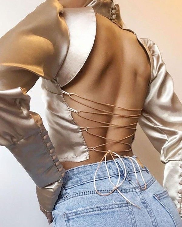 Product Mock Neck Backless Lace-up Cut Out Long Sleeve Crop Blouse