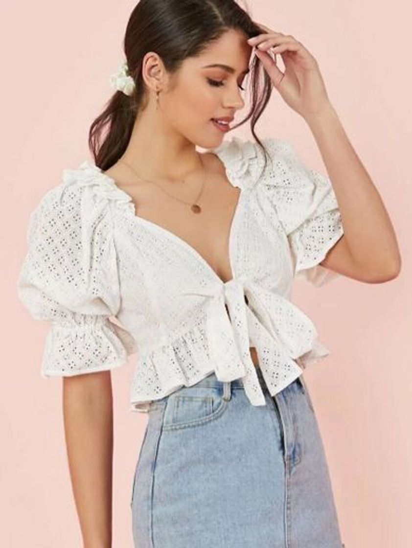 Social SHEIN Branco Bainha De Ruffle Simples Boho Top

