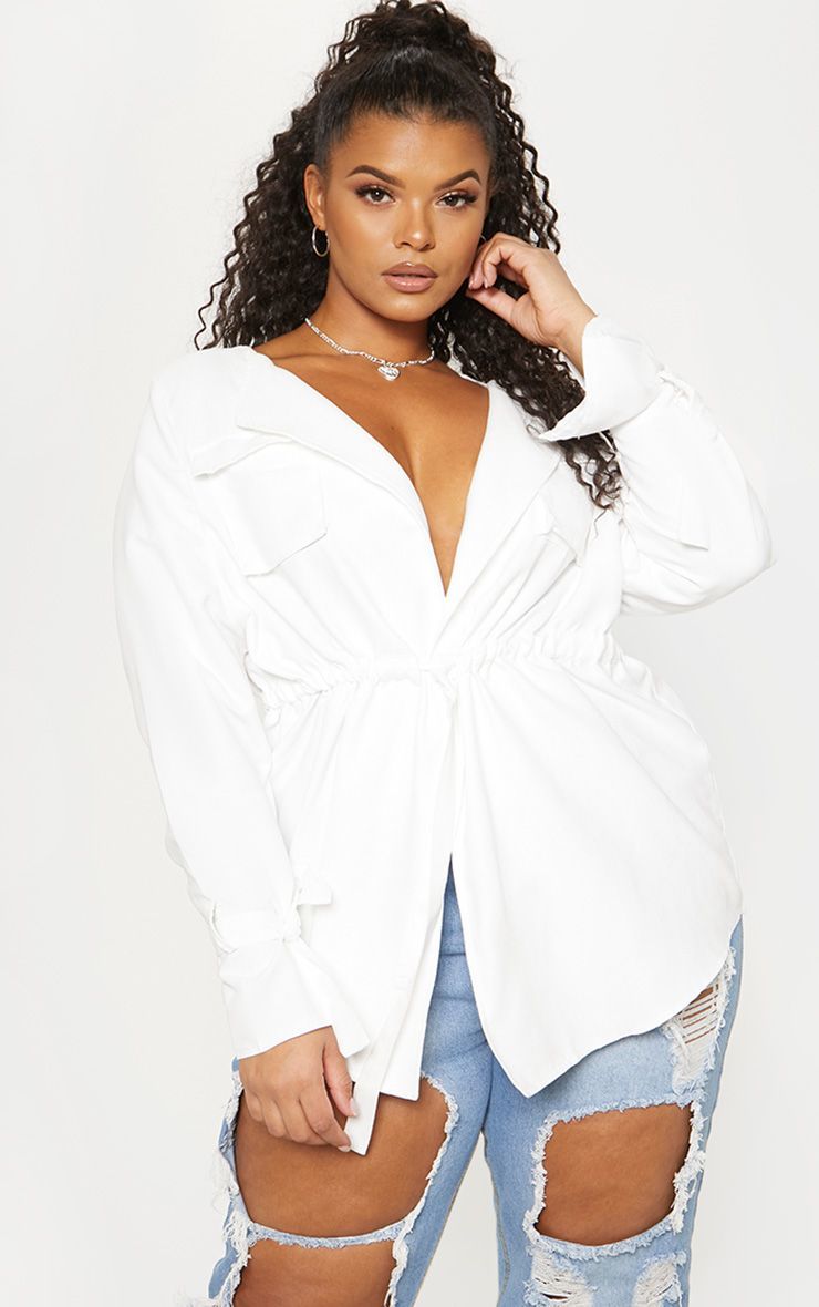 Moda Plus White Faux Suede Cargo Ruched Waist Shirt