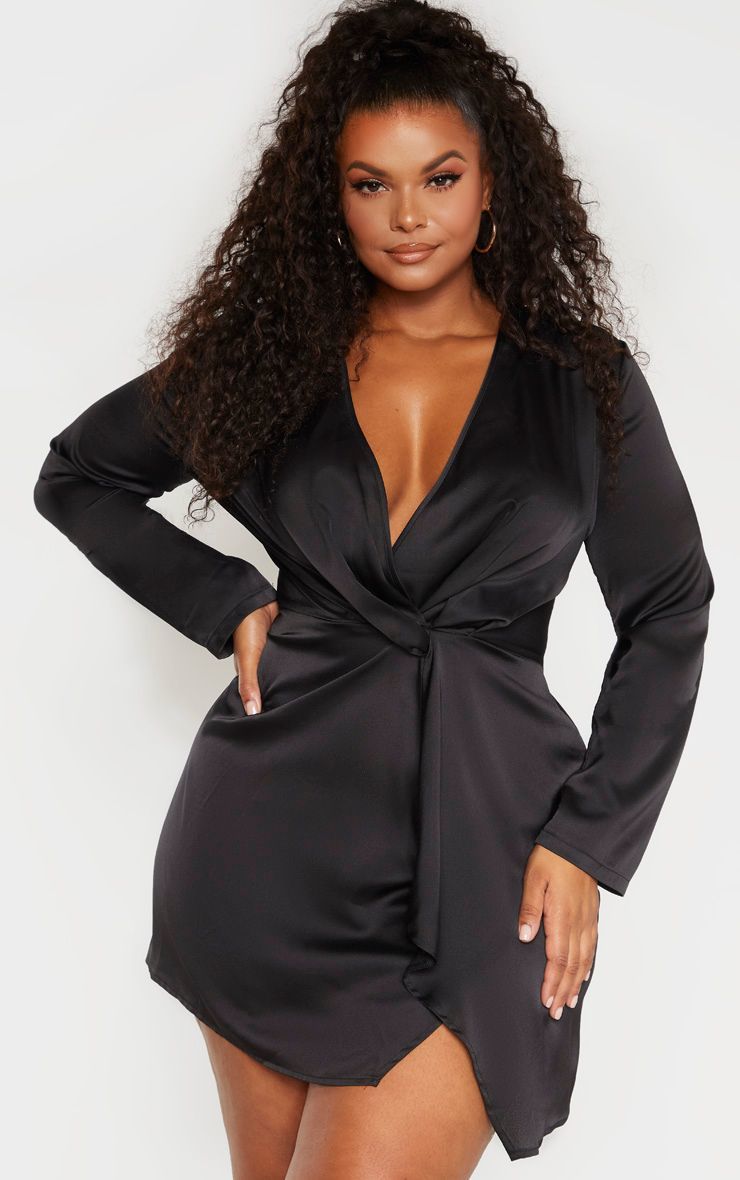 Moda Plus Black Satin Long Sleeve Wrap Dress