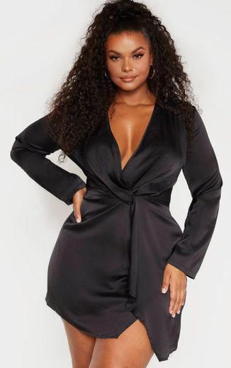 Plus Black Satin Long Sleeve Wrap Dress