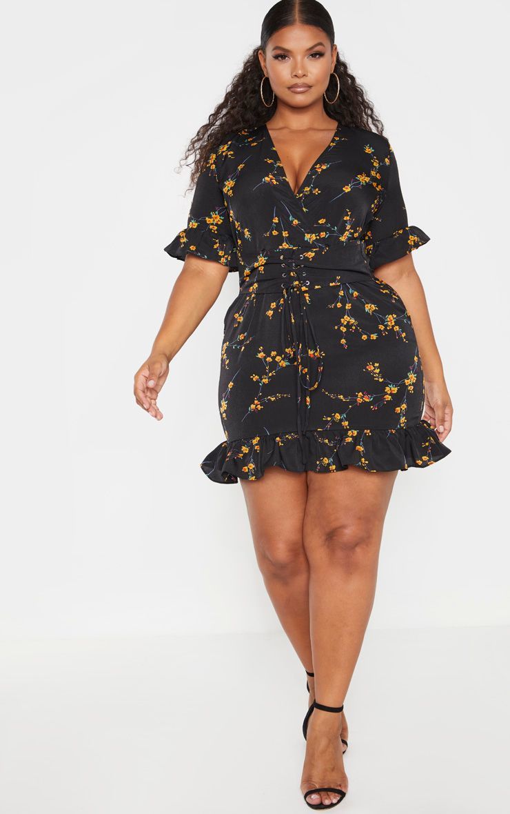 Moda Plus Black Floral Corset Swing Dress