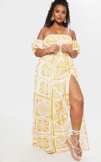 Plus Yellow Paisley Tile Print Bardot Maxi Dress | PrettyLittleThing