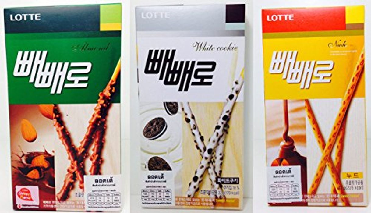 Producto Lotte 3 sabores de pepero almendra, galletas de chocolate blanco y pepero