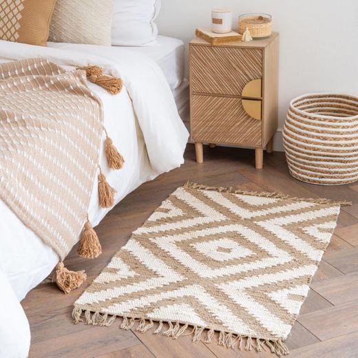 Beige and Ecru Cotton and Jute Woven Rug 60x90
