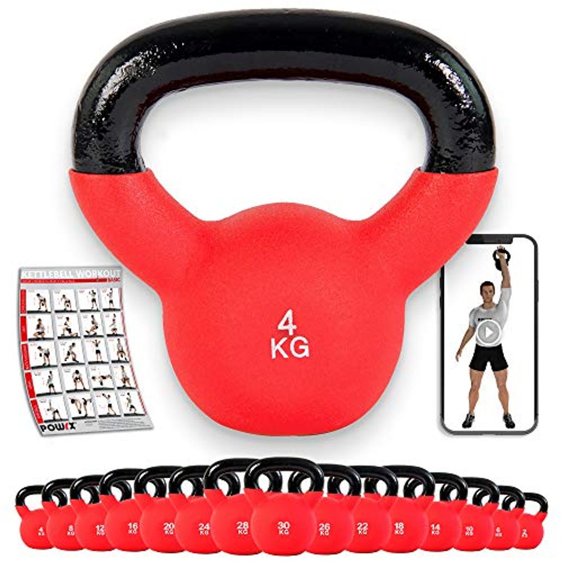 Productos POWRX - Kettlebell Hierro Fundido 4-30 kg - Pesa Rusa con Revestimiento