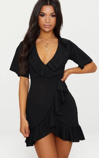 Black Frill Detail Wrap Dress | Dresses | PrettyLittleThing US