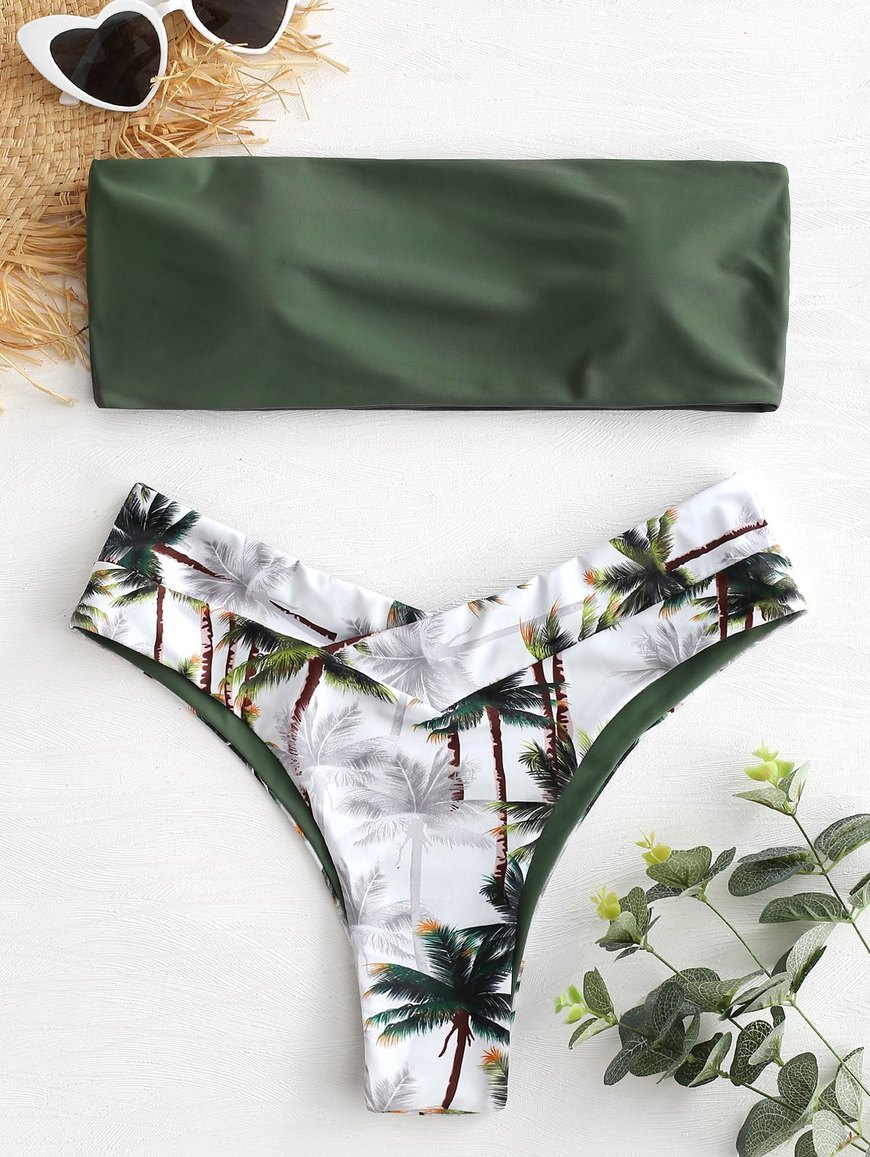 Fashion Coconut Trees High Cut Tube Bikini - Camouflage Green 