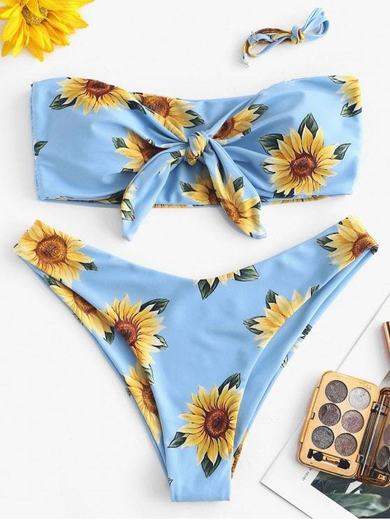 ZAFUL Knot Sunflower Print Bikini Set - White