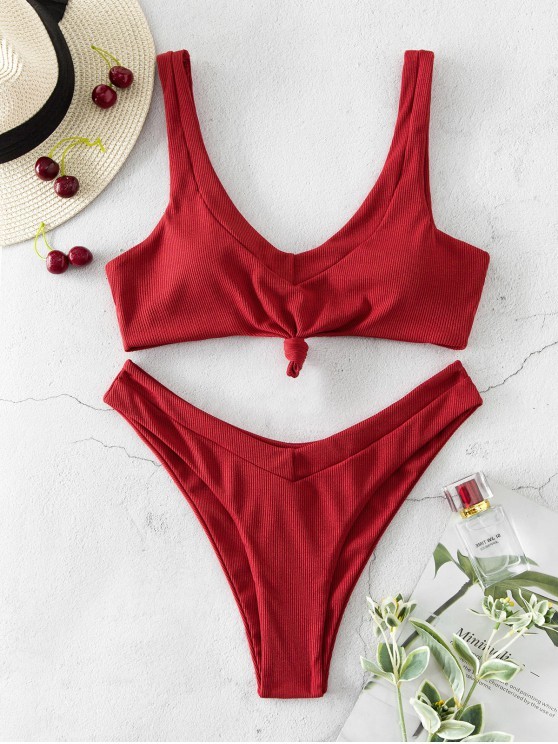 Moda ZAFUL Ribbed Knot High Leg Bikini Swimsuit - Cherry Red