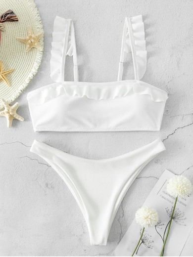 ZAFUL Ribbed High Cut Ruffled Bikini Swimsuit - White 
