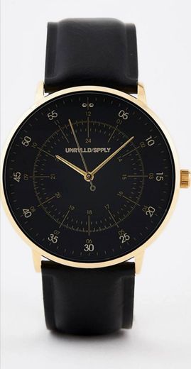 Asos design watch in black faux leather with gold highlights