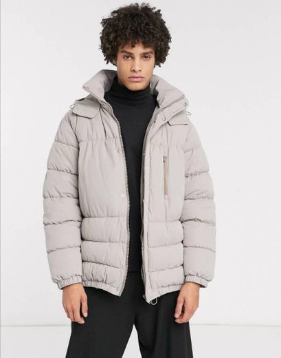 Asos white boxy puffer jacket in grey with concealed hood