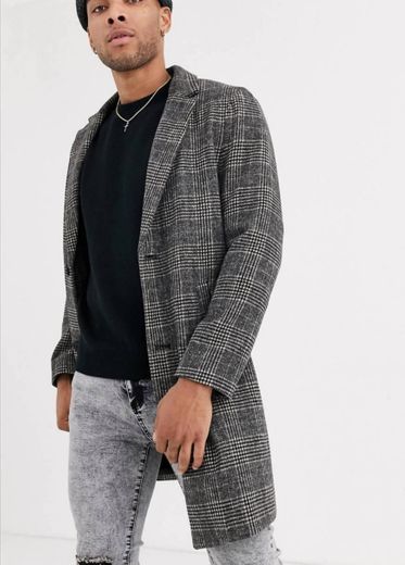 Bershka check wool overcoat in grey 