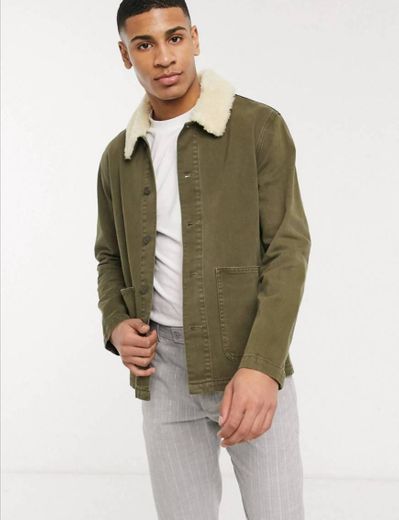 Asos design denim worker jacket in green with borg collar 