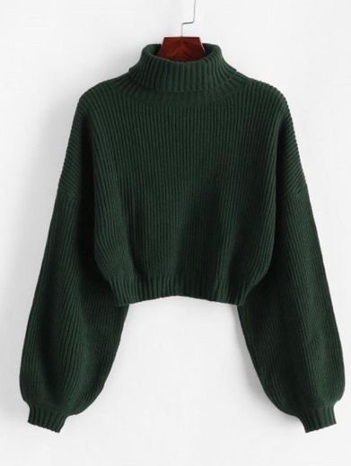 ZAFUL Turtleneck Lantern Sleeve Cropped Sweater - Green 