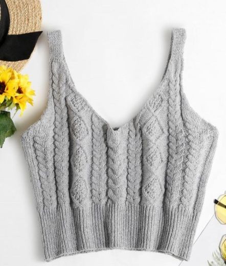 ZAFUL Cable Braided Knit Crop Sweater Tank Top - Gray Goose
