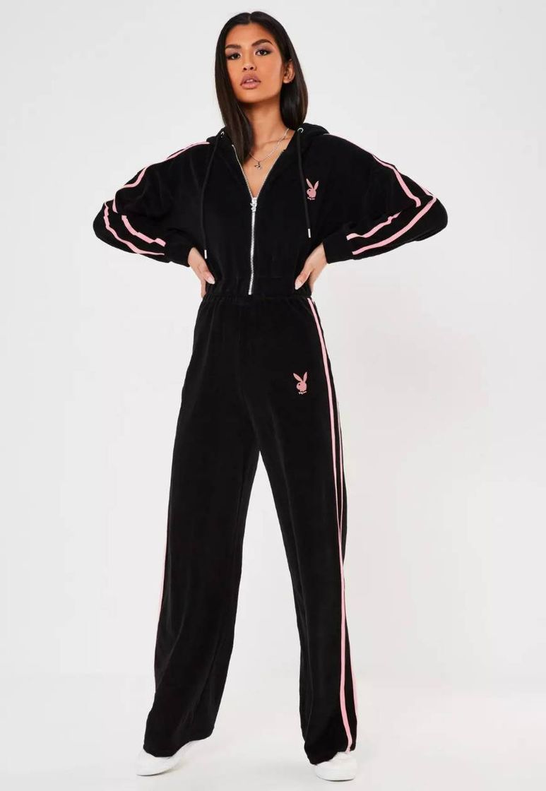 Fashion Playboy x Missguided Black Velour Wide Leg Joggers