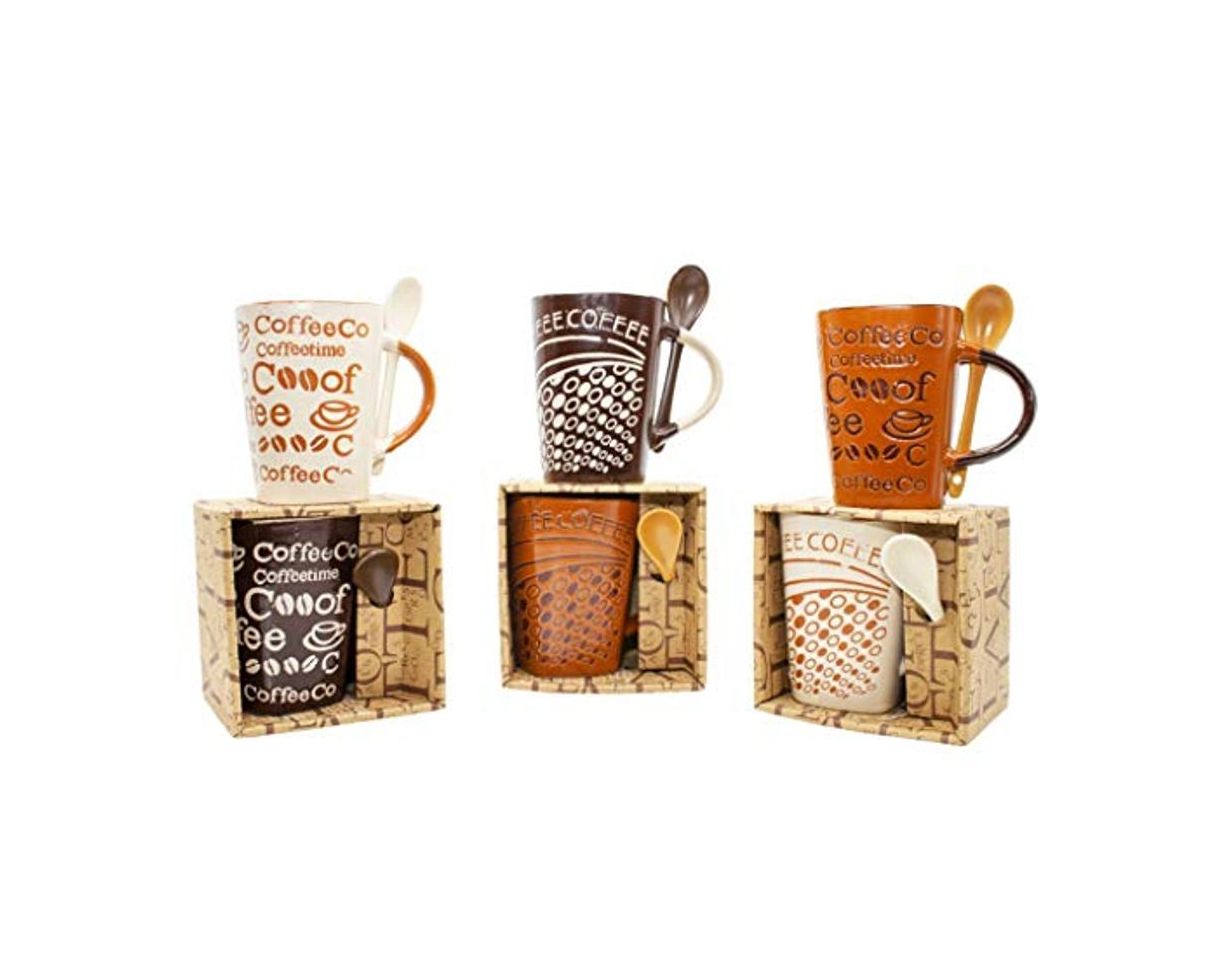 Social Lote de 12 Tazas de Cerámica Decorativas con Cuchara"Coffee"