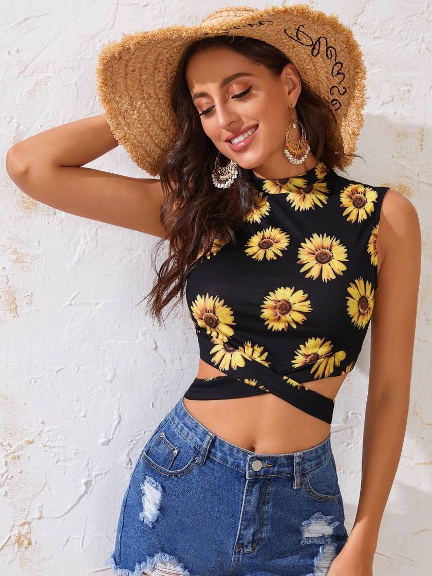 Moda Top con estampado de girasol bajo con tiras cruzadas