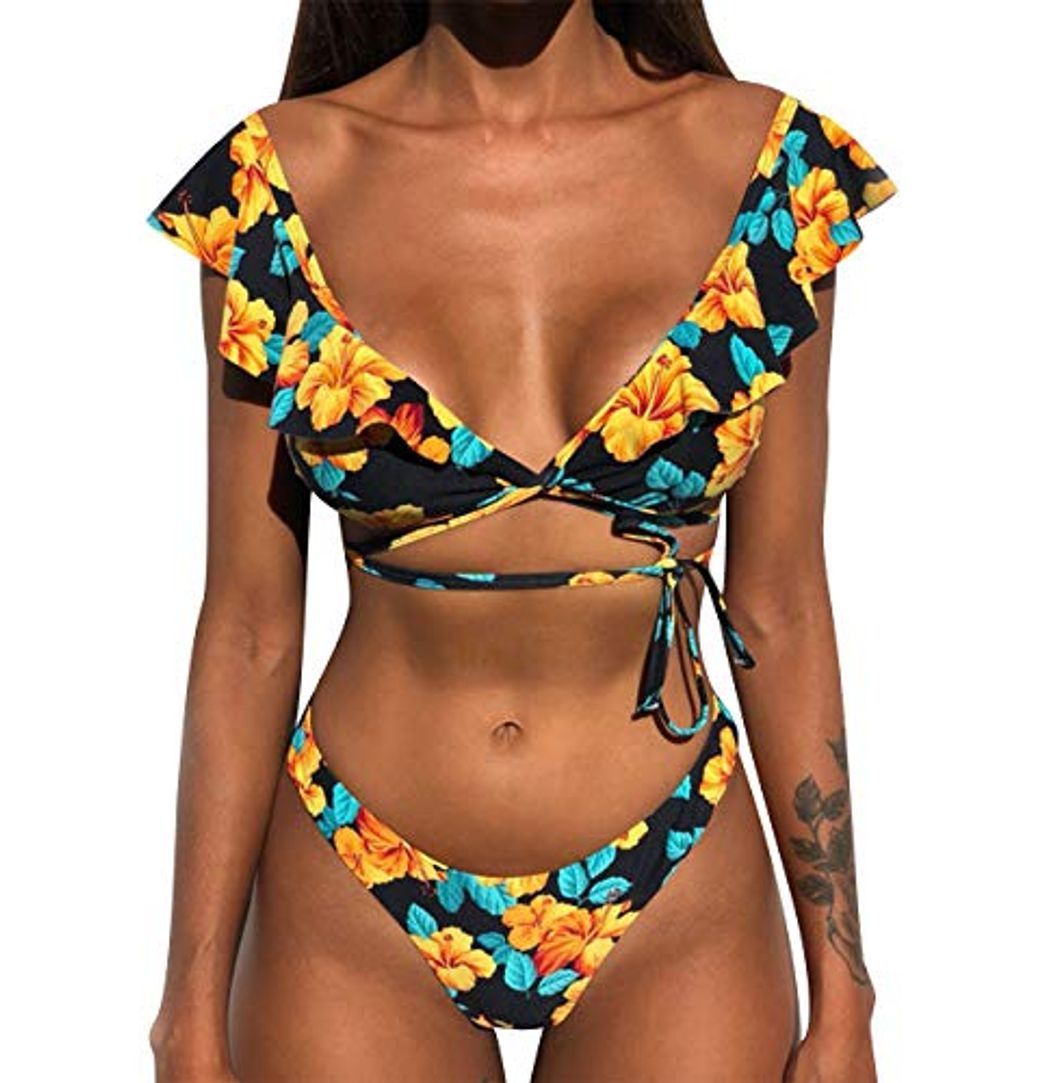 Product Bikini de Volantes Triangulo Push Up Mujer Trajes de Baño Flores de Dos Piezas Biquini Brasileño Rayas Vikini Bikinis Brasileña Señora Bañador Piscina Playa Mujeres Bañadores Natacion Amarillo M