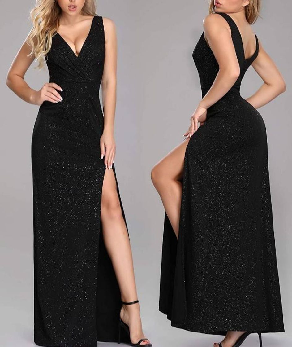 Social Ever-Pretty Vestido Fiesta Noche Largo Cuello V sin Mangas para Mujer Brillante