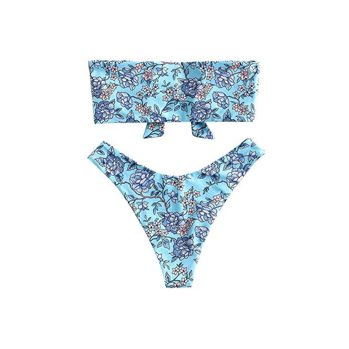 Products ZAFUL Mujer Bandeau Hombros Libre Bikini Set Sexy Beach Ropa con Flores Knote azul claro S