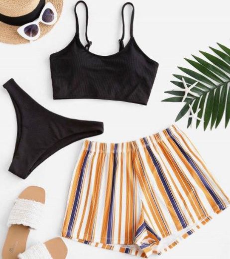 Striped Ribbed Three Piece Swimsuit 