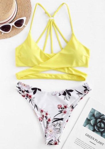 Floral Strappy Wrap Bikini Swimsuit