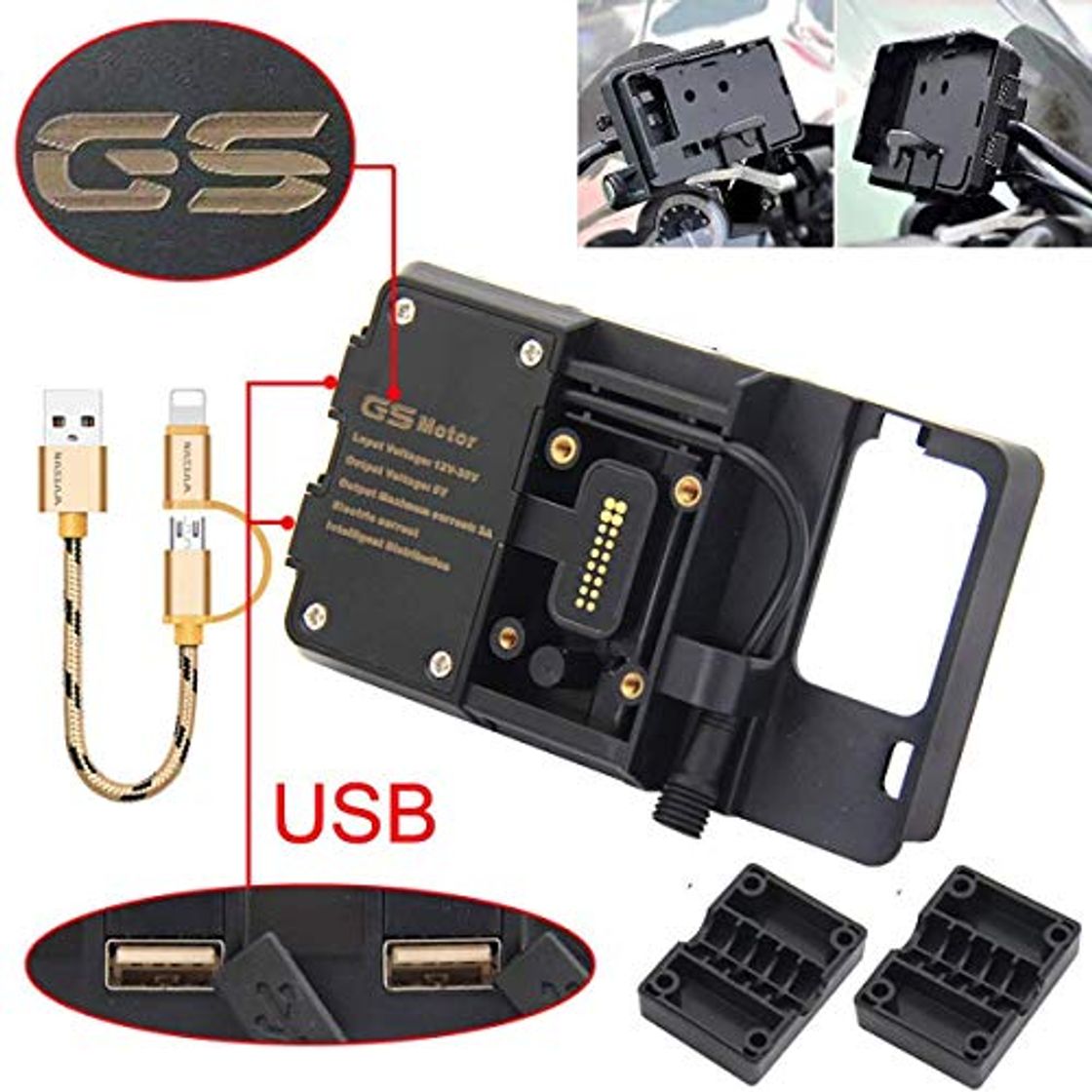 Social R&P R1200GS Soporte de navegación para teléfonos móviles ADV F700 800GS CRF1000L Gemelo Africano para BMW Honda Motocicleta Carga USB Montaje de 12 mm