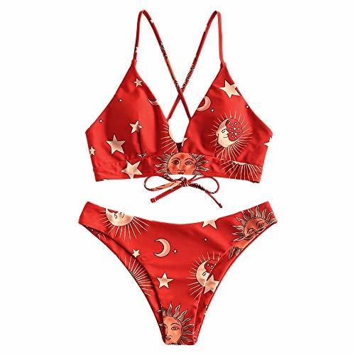 Fashion ZAFUL Bikini Set Triangular con Relleno Tirantes Anudados Cruzados en la Espalda