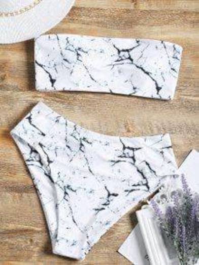 Marble Print High Waisted Bandeau Bikini Set