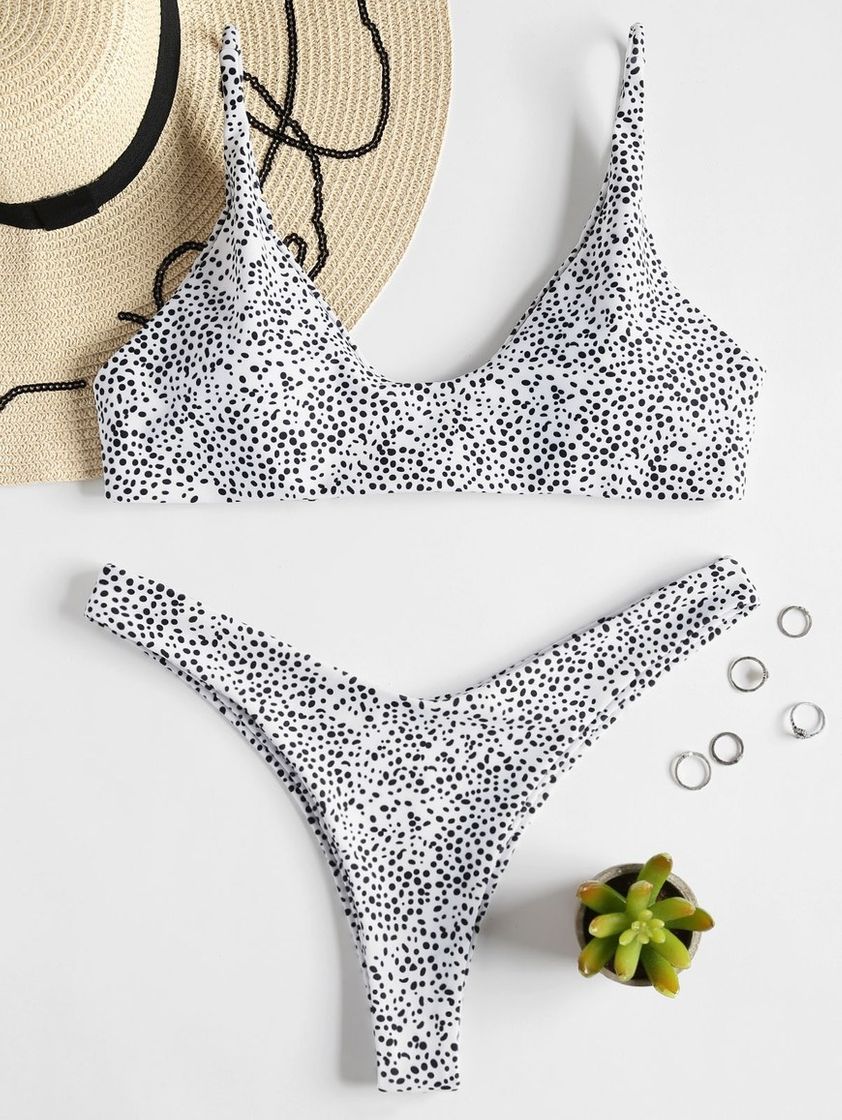 Moda Zaful Scoop Leopard High Leg Bikini White 