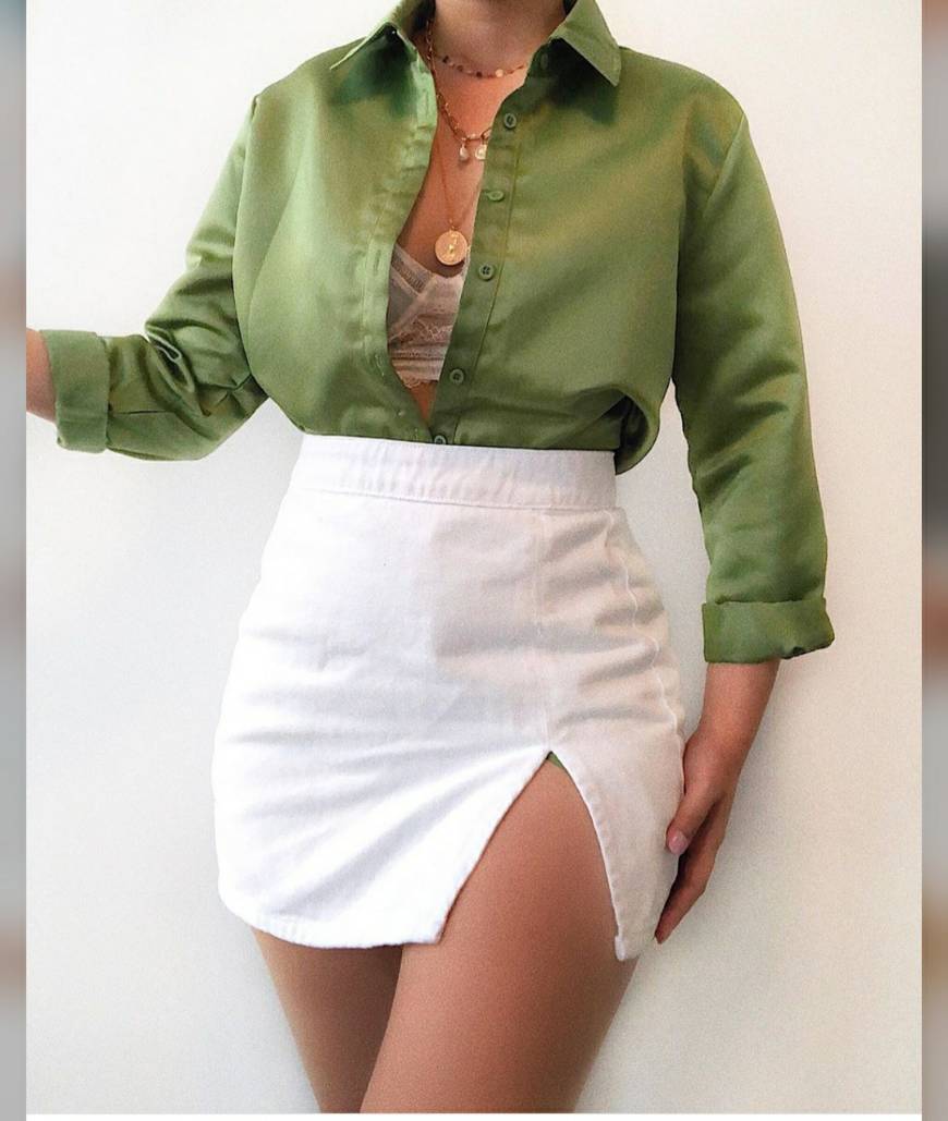 Fashion Green shirt with a lace top and a white skirt