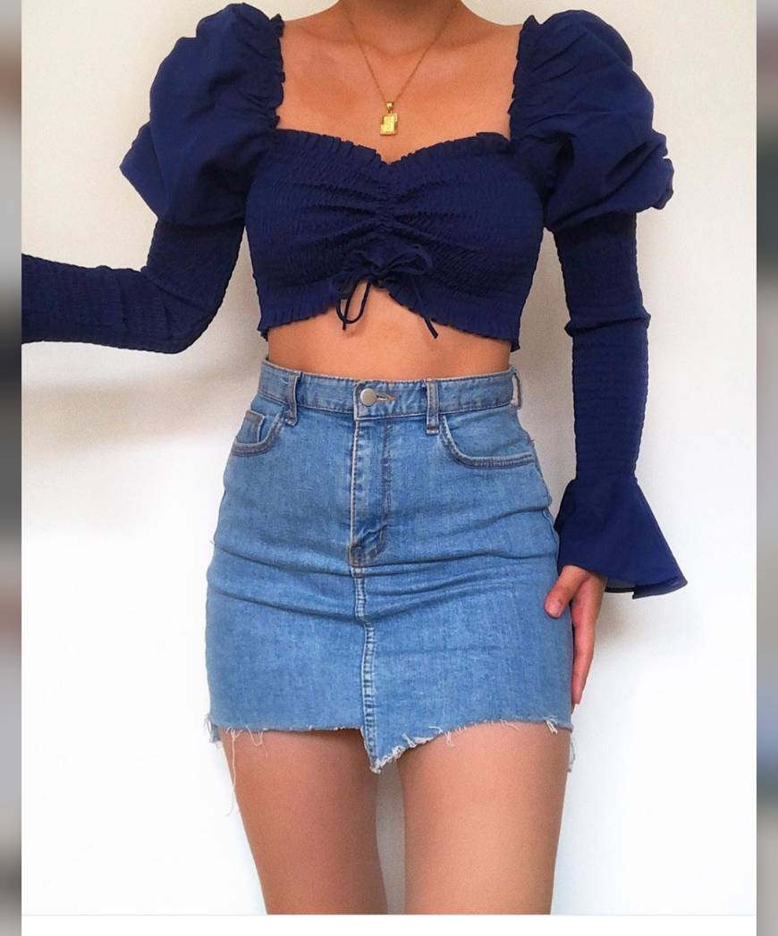 Fashion blue top with denim skirt