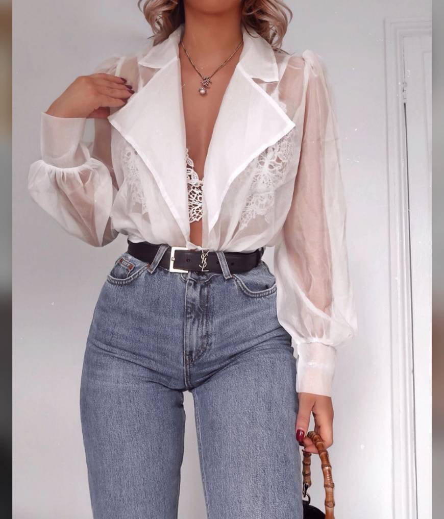 Fashion transparent shirt with white lace top with blue jeans