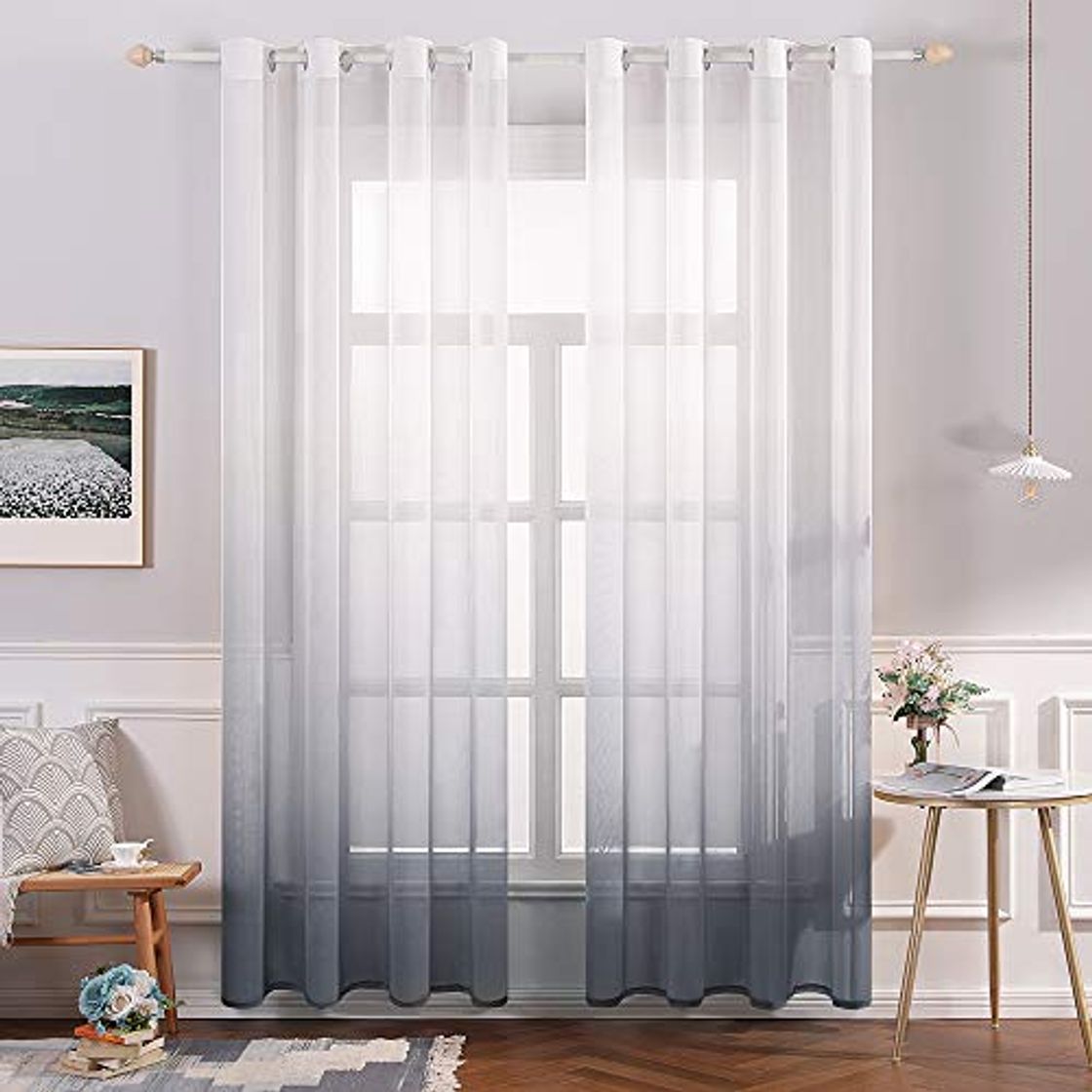 Product MIULEE Cortina Translúcida Visillo Gradiente Color Degradado Dos Paneles de Ojales Plateados Gasa para Ventanas Habitacion Dormitorio Cocina Sala de Estar 140x225cm Gradiente Vertical Gris