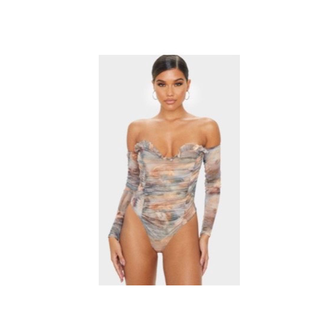 Productos Multi Water Renaissance Printed Mesh Ruched Bardot Bodysuit