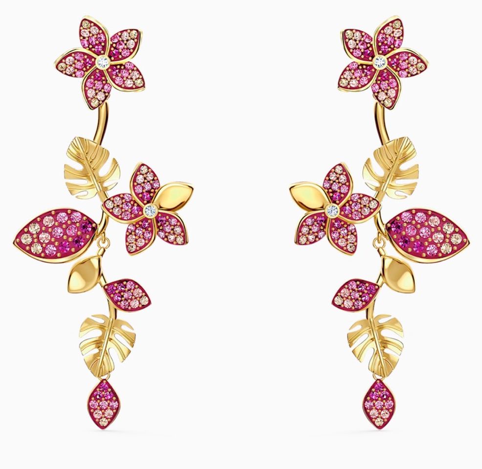 Social Tropical Flower Pierced Earrings, Pink, Gold-tone plated