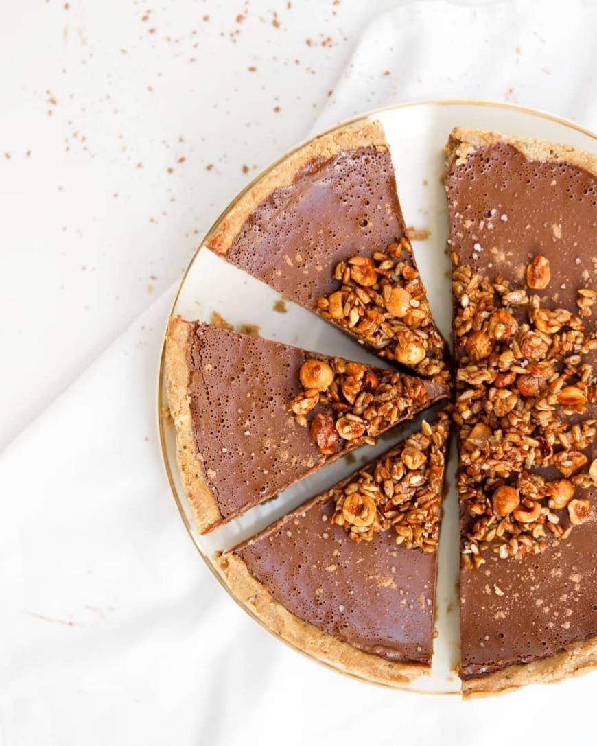 Moda Tarte Vegan de Caramelo Salgado com Chocolate e Praline