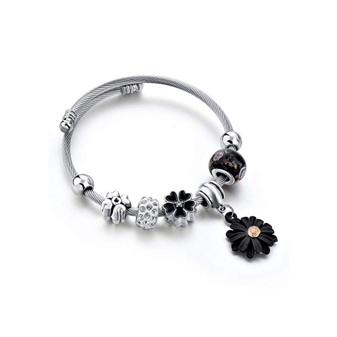 Moda HFLGKLO Preto Flor Cuff Pulseiras Pulseiras Encantos Meninas Para & Prata Man