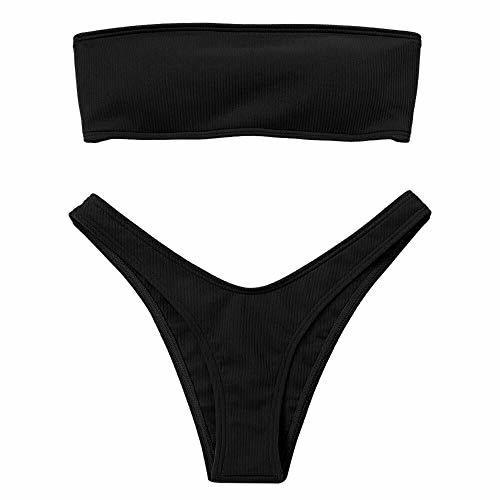 Social Zaful Mujer Conjunto de Bikini Bandeau sin Tirantes Cordoncillo de Talle Alta