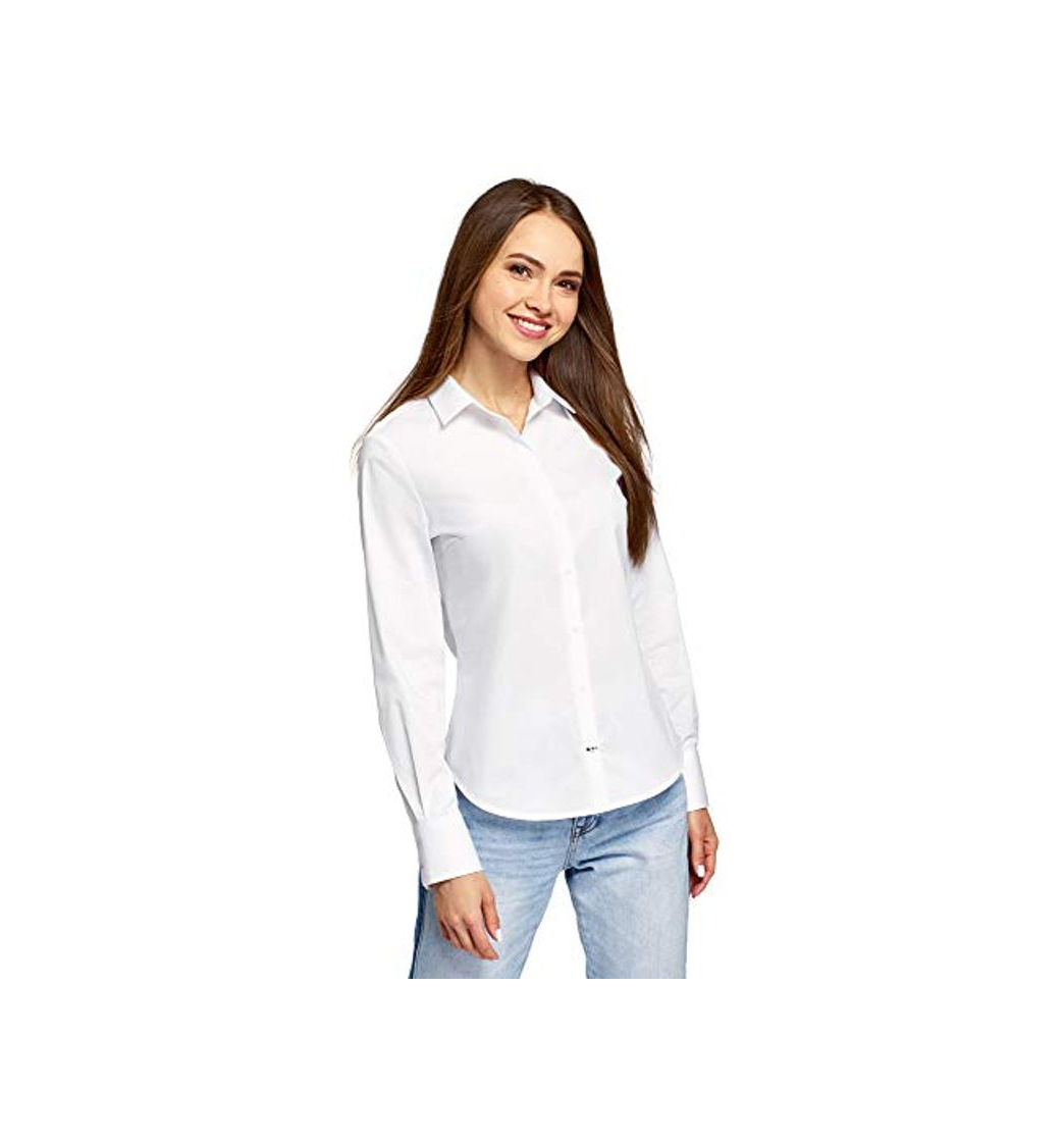 Fashion oodji Ultra Mujer Camisa Básica de Algodón, Blanco, ES 42