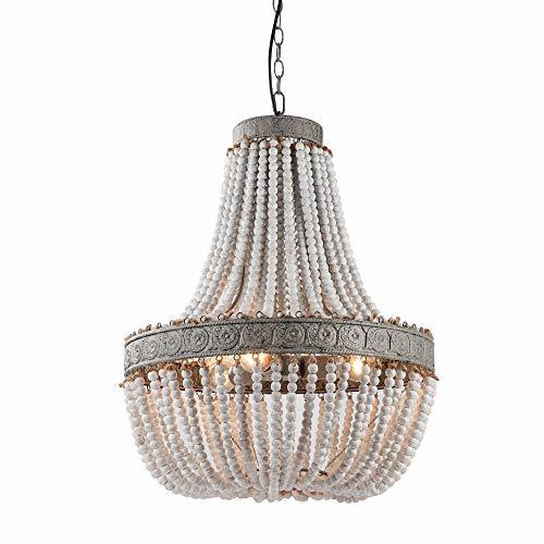 Home Newrays Wood Bead Chandelier Pendant Three Lights Gray White Finishing Retro Vintage