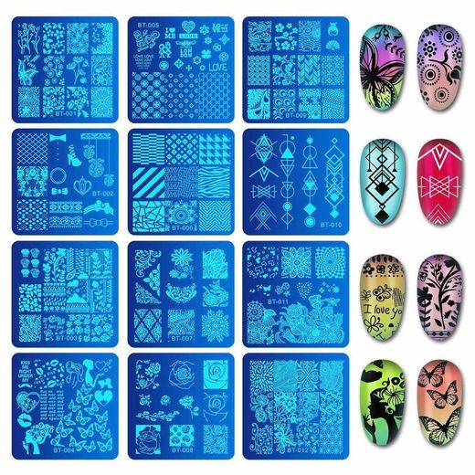 Biutee Set de Stamping Nail Art 12 Pcs Plantillas para Uñas +1pcs