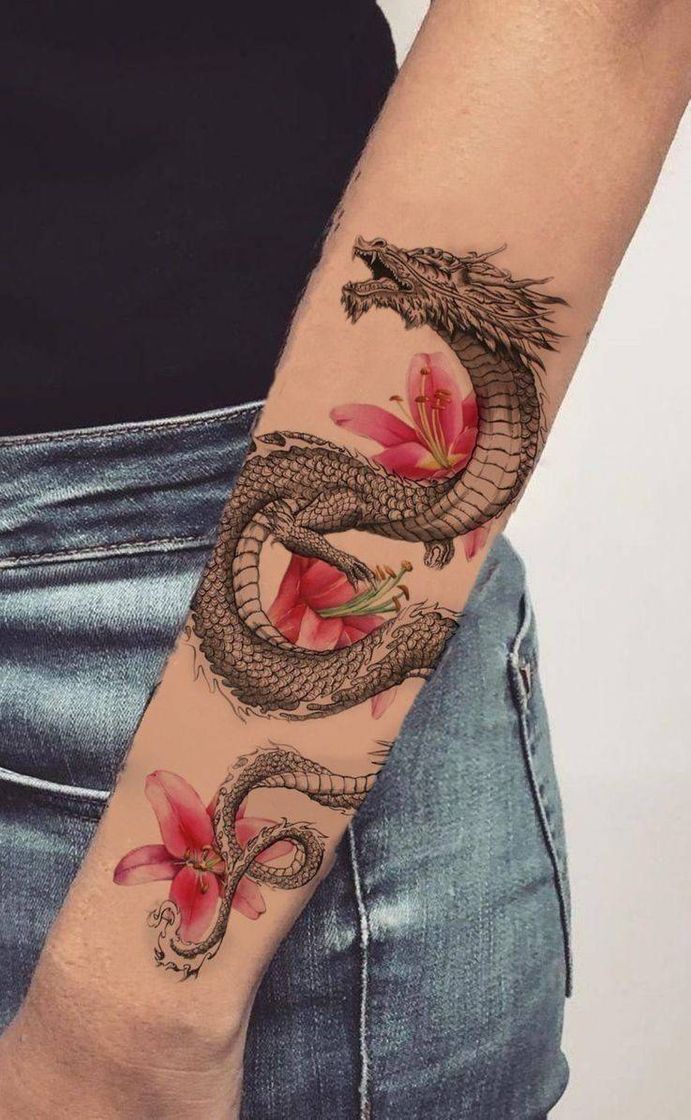 Moda tatuagem Dragão florido 